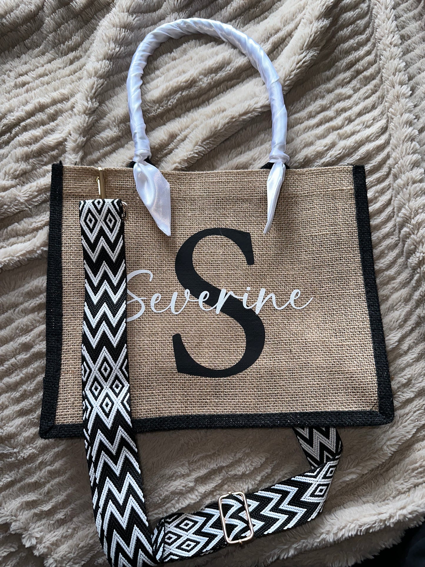 Sac jute couleur uni bandoulière graphique T S